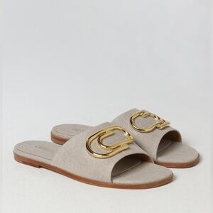 Off-White Women's Tan Slide Sandals with Gold Accent